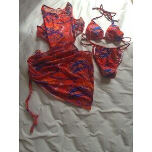 3-Piece Swimsuit Set with Mesh Cover-Up Psychedelic Print – L (New)